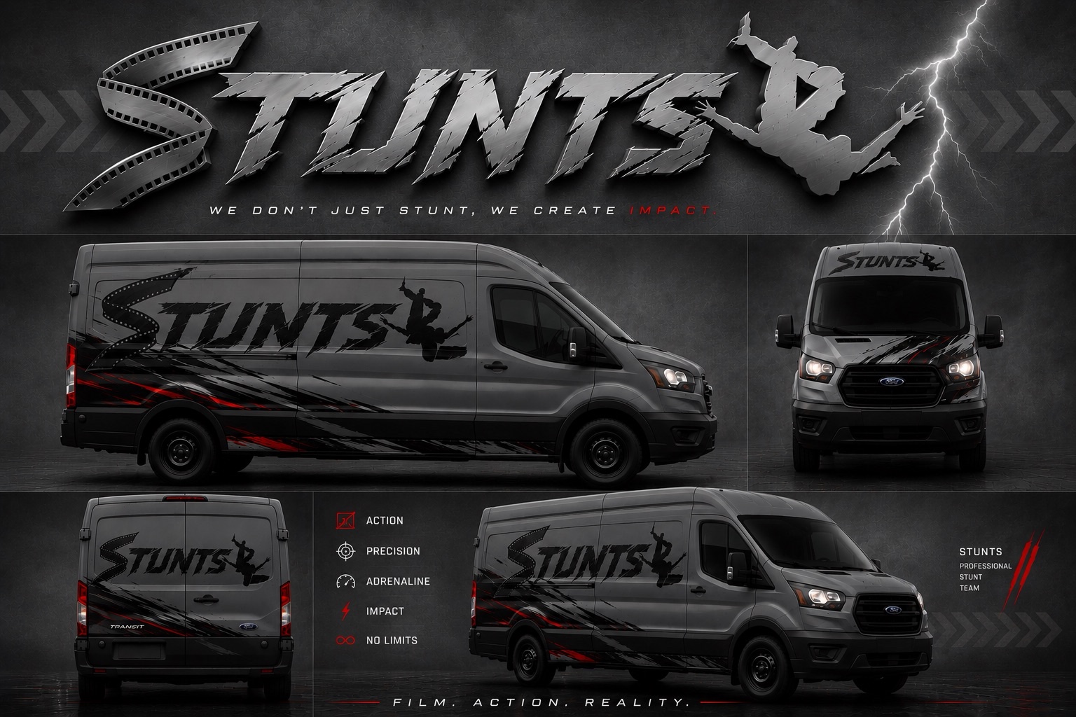 Presentación de Stunts con logotipo y vistas lateral, frontal, trasera y en perspectiva de una camioneta Ford Transit gris con gráficos negros y rojos.